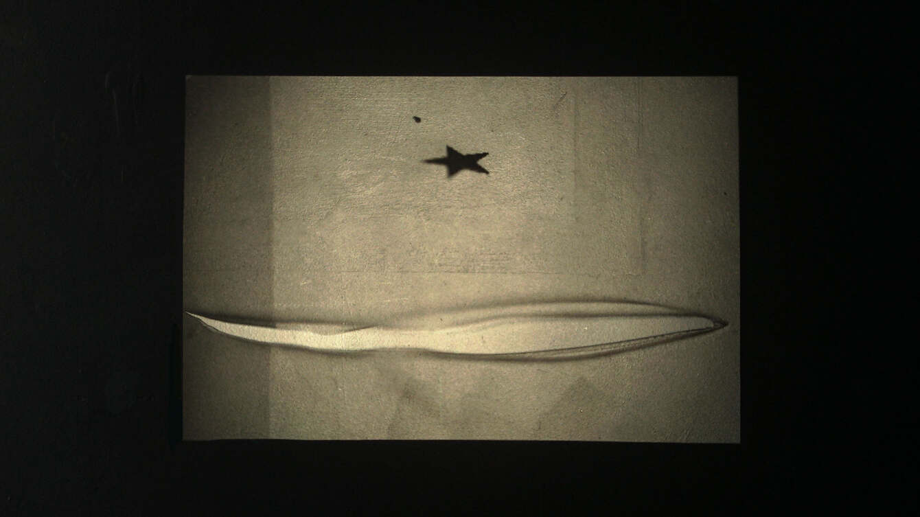 A slide projection in a darkened room: a pale, lens-shaped form lies across a textured surface, with a small dark star above it.