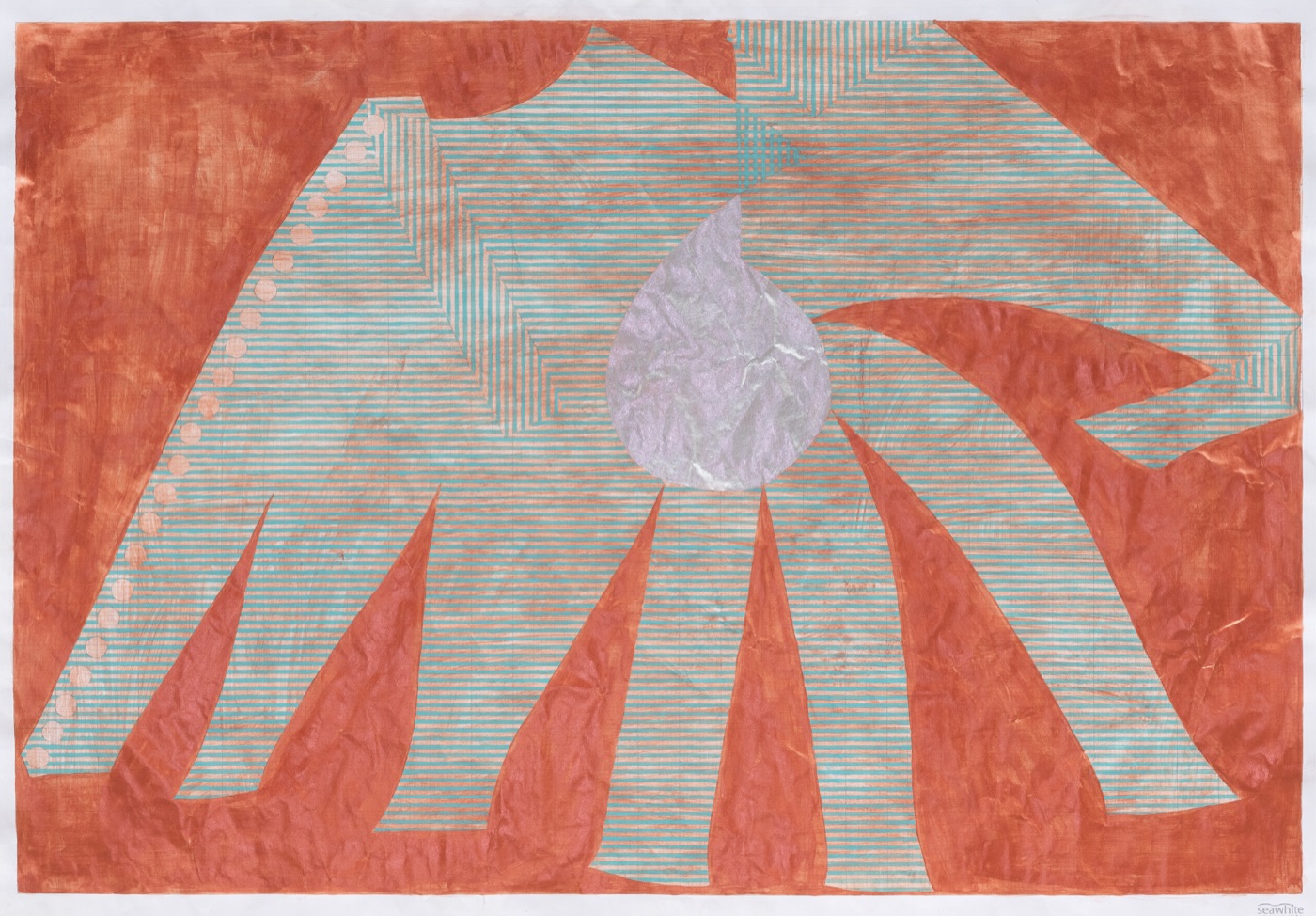 An abstract painting in burnt orange and pale teal. Fine horizontal stripes fill the background; large orange shapes radiate outward from a soft grey teardrop form near the centre.